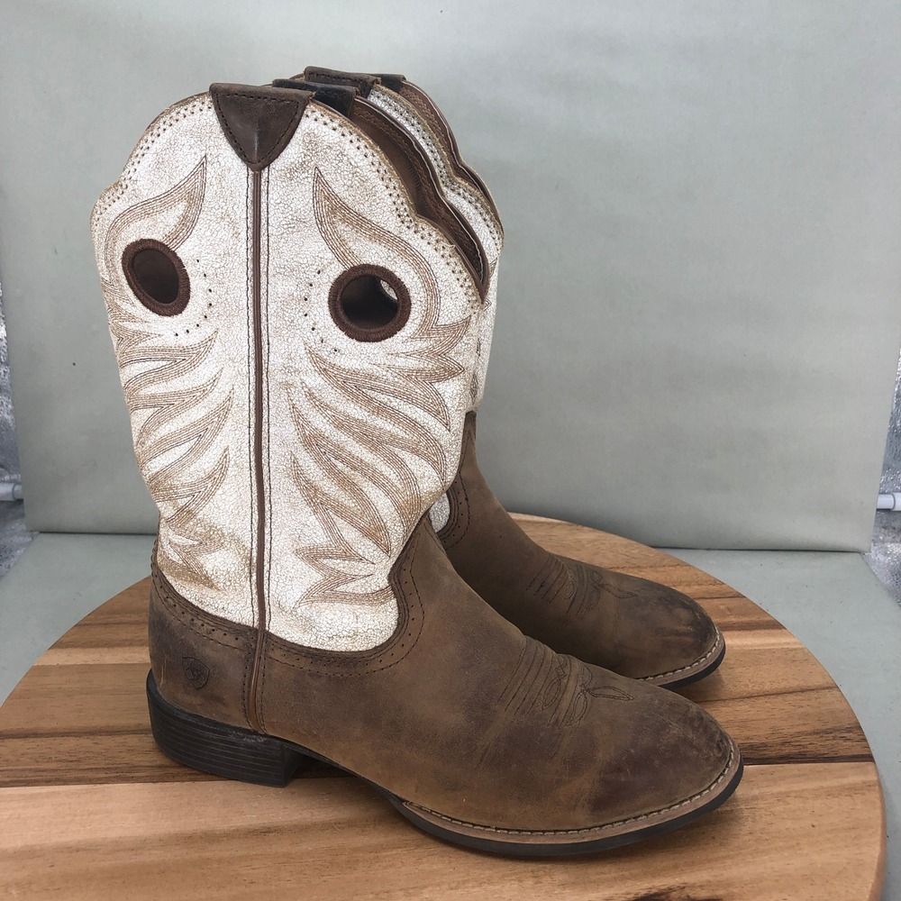 Ariat Womens Round Up Stockman Western Boots Brown White Leather Size 9.5 B